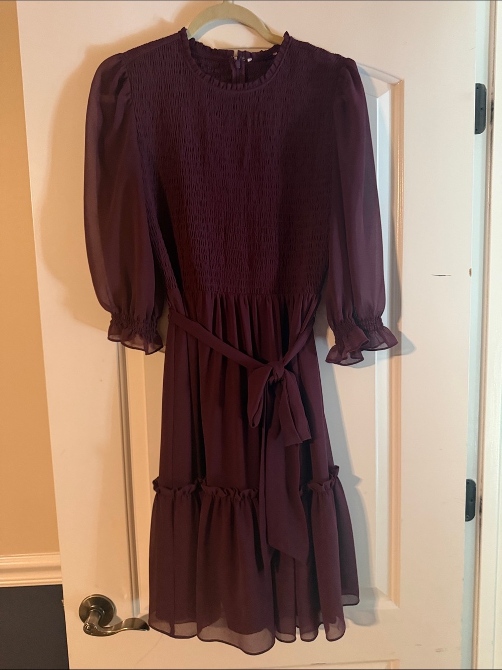 Rachel Parcell Deep Plum Smocked Chiffon Midi Dress with Waist Tie